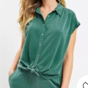 Lou & Grey NWOT Deep Green Button-Up Blouse and Pant Set
